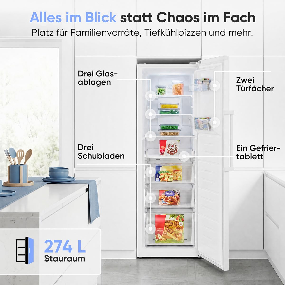 Bomann® Gefrierschrank Nofrost | Energieklasse D | 185cm | MultiAirflow | 5 Jahre Kompressor-Garantie | -14°C bis -22°C | Tiefkühlschrank | 274L | Türanschlag wechselbar | Freezer | GS 7371 weiß