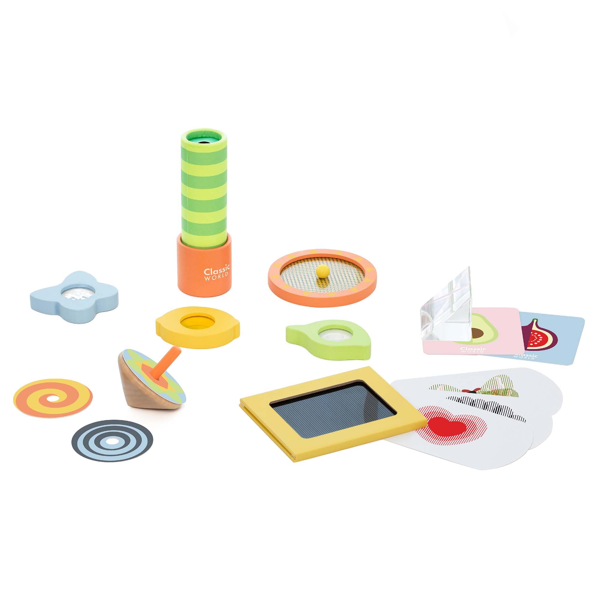 Classic World Kit de experimentos ópticos para niños – Juguete educativo STEM con caleidoscopio, caja de rejilla, disco giratorio y más, experimentos científicos para jóvenes científicos