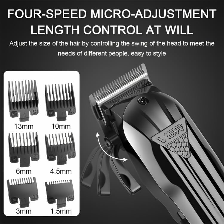 VGR V-282 Hair Clipper demonstrating four-speed micro-adjustment and various guide comb sizes: 1.5mm, 3mm, 4.5mm, 6mm, 10mm, 13mm.