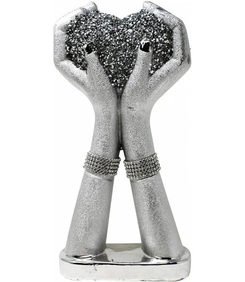 SHABJY Crushed Diamond Silver Heart Hand Love Figurine, 15 cm, Decorative Ornament