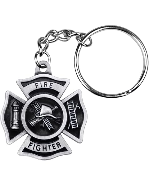 SHOP AWARDS AND GIFTS Firefighter Maltese Cross Keychain, Fire Department Appreciation Gifts, Antique Pewter,
