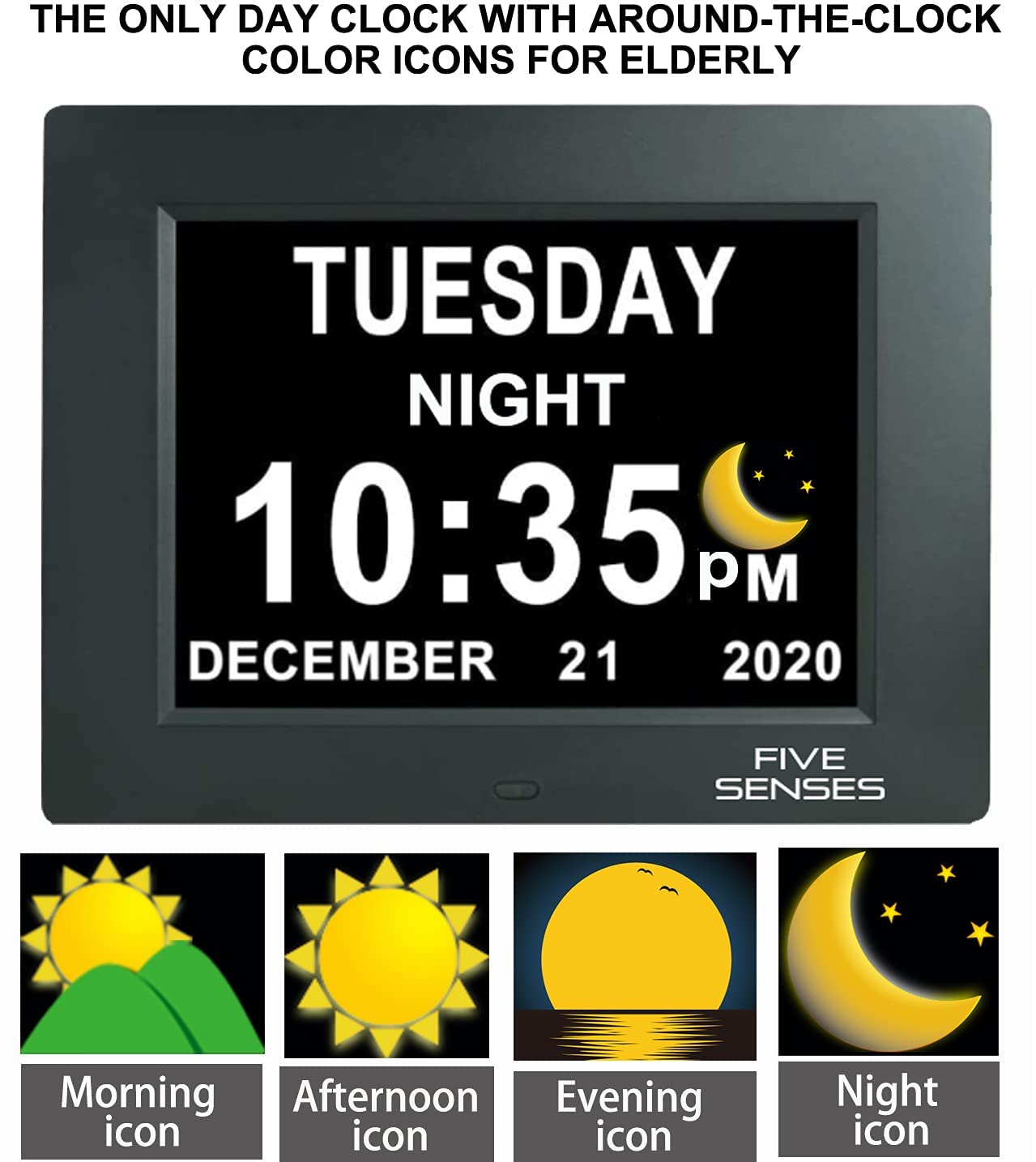 5 Senses 8” Digital Calendar, Clock with Day and Date for Elderly