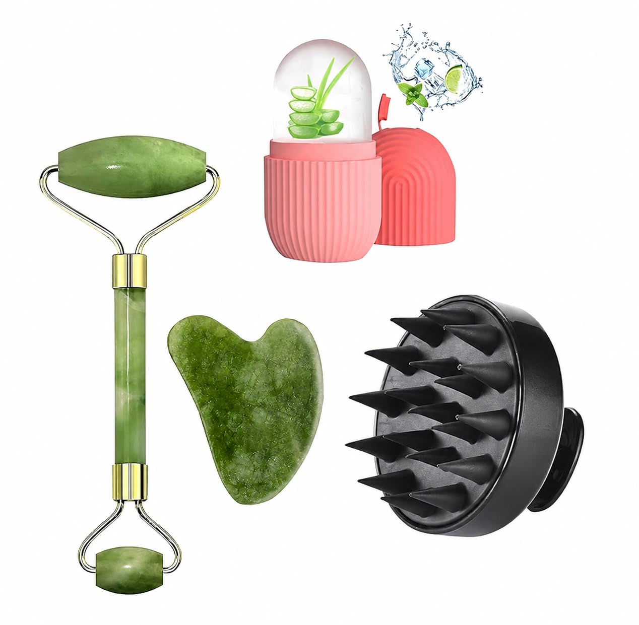 Facial Massager Jade Roller & Gua Sha Tool Natural Himalayan Stone for Face Neck Healing Skin Wrinkles & Serum Application Hair Scalp & Ice Massager Combo Offer (Pack of 4)-image-23