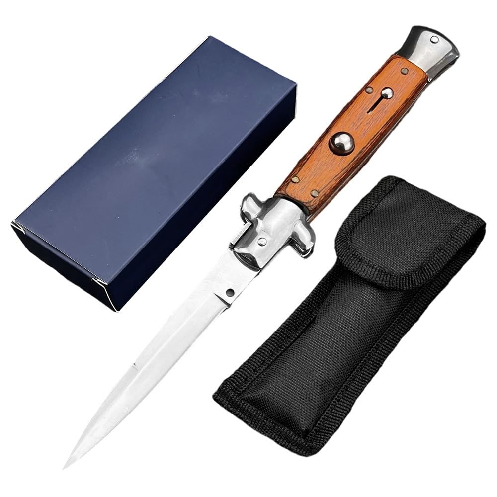 8.8inch Outdoor Folding Knife, 440c Blade and Wooden Handle with Sheath, EDC Pocket Knife for Camping, Hiking, Fishing, Gift
