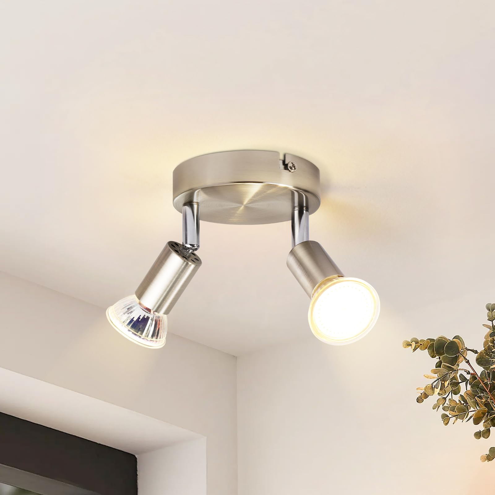 Glitzerlife LED Deckenstrahler 2 Flammig Deckenlampe - Deckenleuchte GU10 Schwenkbar 330° Modern Flurlampe Nickel Metall Rund Deckenspot für Wohnzimmer Schlafzimmer Küche Esszimmer ohne Leuchtmittel