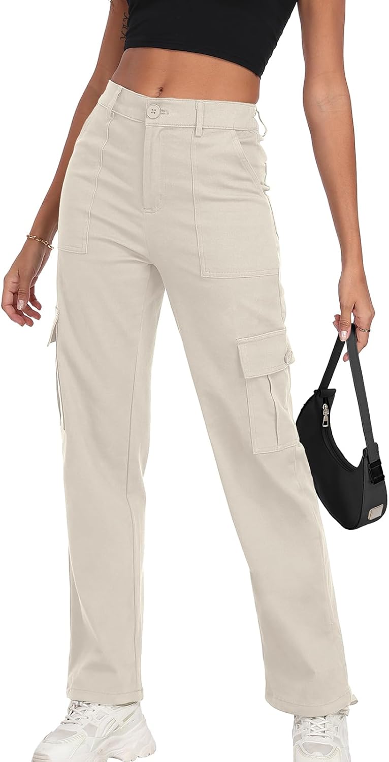 Women's High Waisted Cargo Pants Baggy Y2K Streetwear Stretchy Pants with 6 Pockets Ankle Drawstring