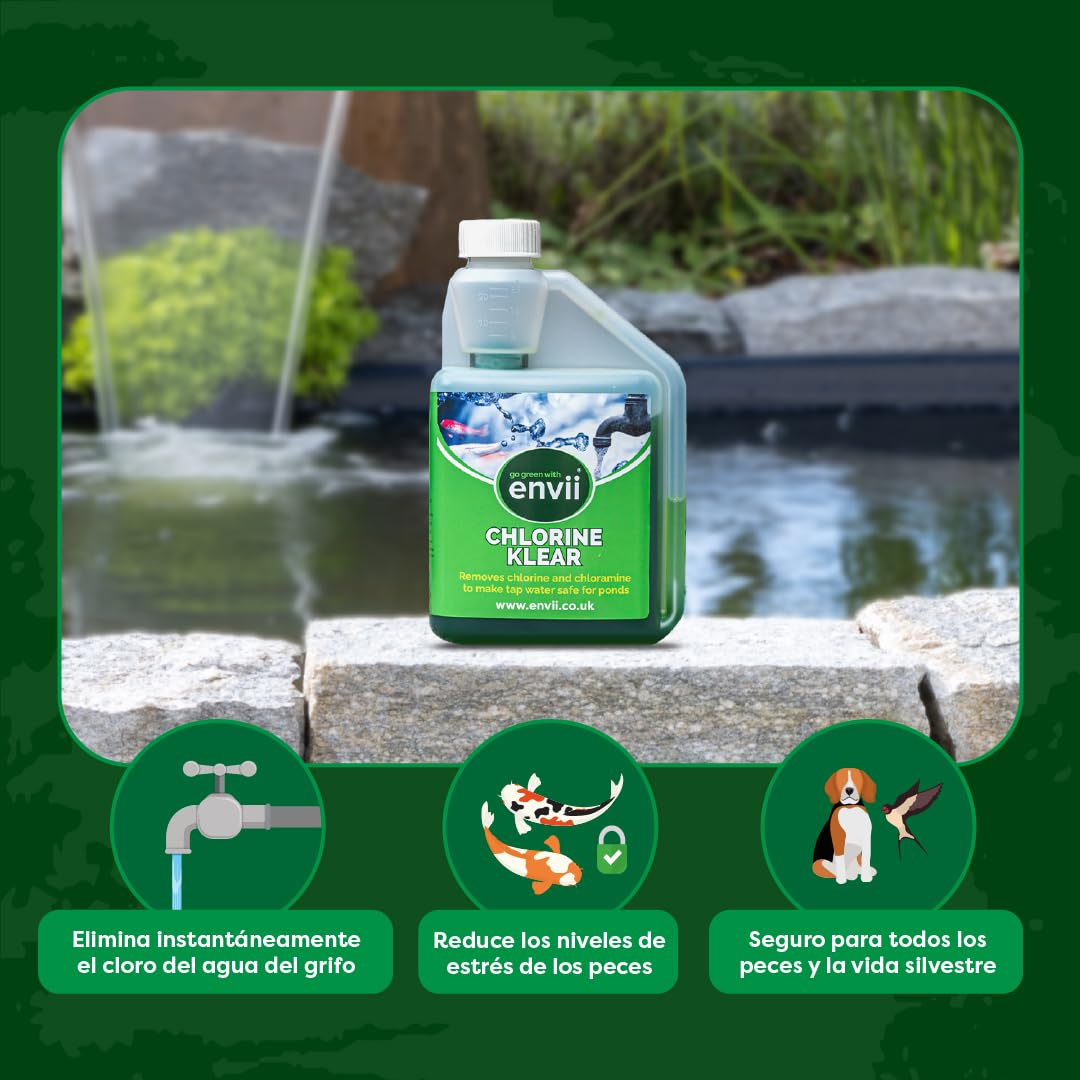 envii Chlorine Klear, Eliminador de Cloro para Estanques, Acondicionador de Agua Natural, Neutralizador de Cloro para Agua del Grifo Seguro para Peces, 500ml Trata 12.500 L