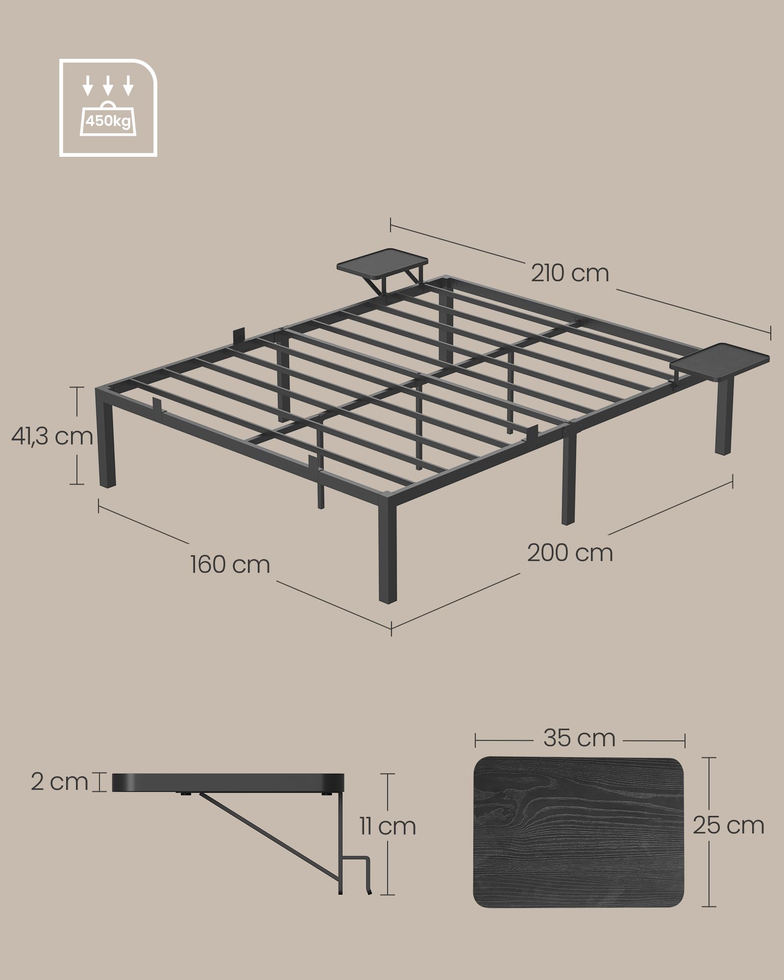 VASAGLE Cadre de Lit 160 x 200 avec Sommier Métal, Cadre en Métal avec Étagères de Rangement, Tête de Lit, pour Adolescents, Montage Facile, Noir Classique RMB095B01