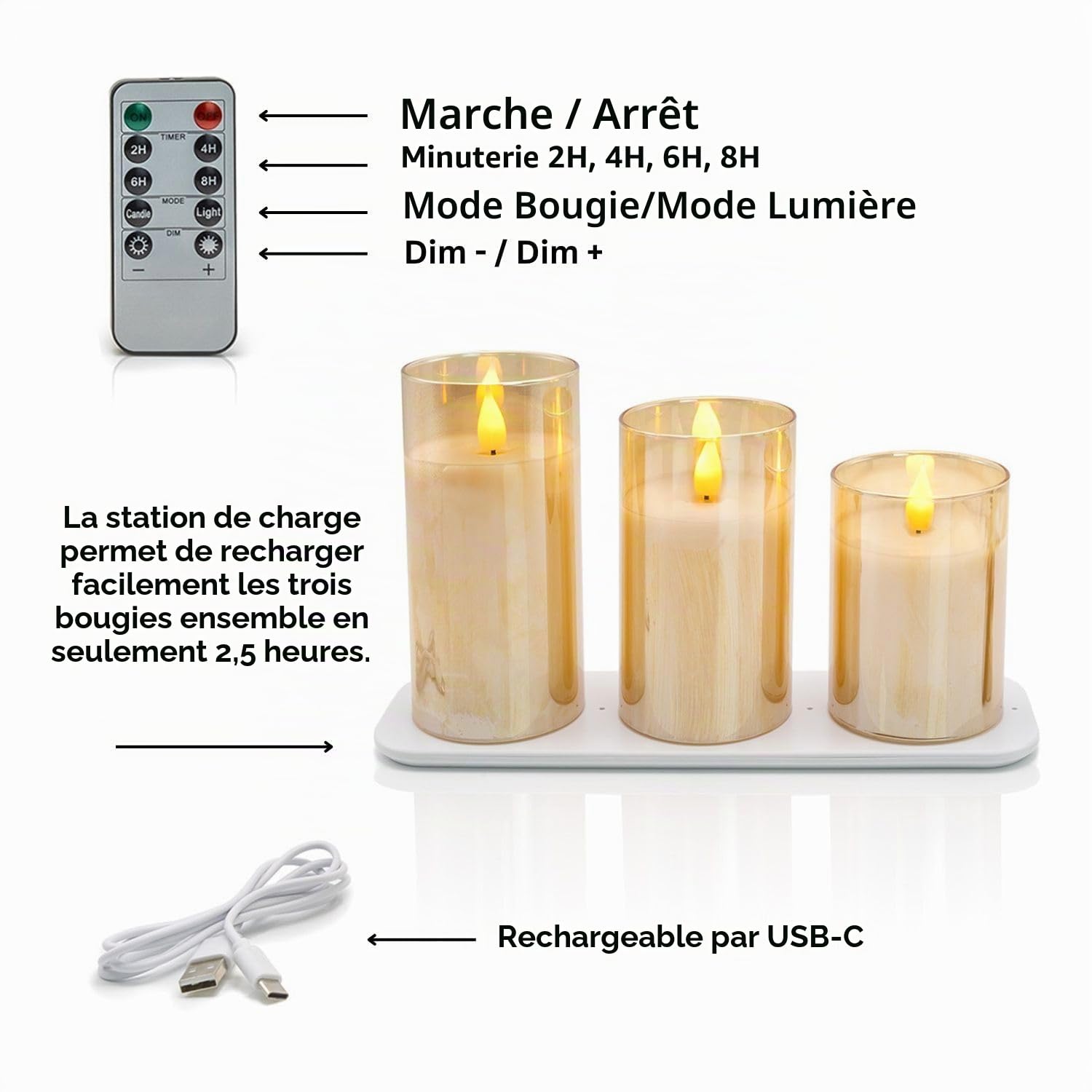 Auraglow Bougies LED Rechargeables avec Station de Charge, Lot de 3
