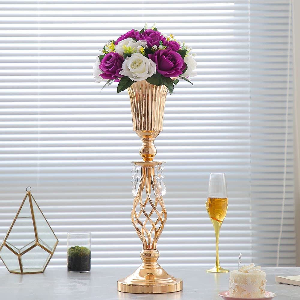 2 jarrón de trompeta dorado con cuentas de cristal, elegante centro de mesa floral de metal, perfecto para banquetes de boda, cumpleaños, aniversarios, fiestas de vacaciones y otros centros de mesa de eventos importantes (20.2 pulgadas) 3