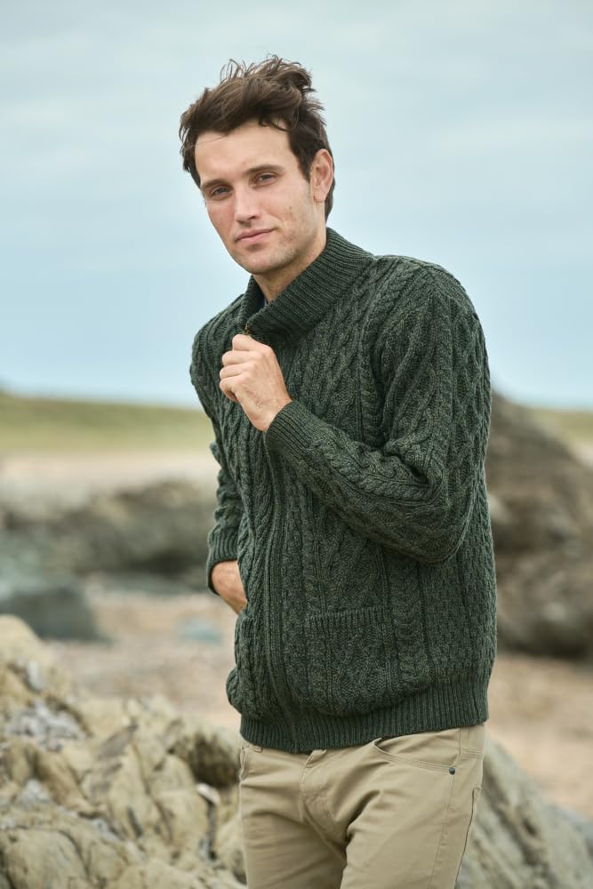 Aran Crafts Cardigan zippé pour homme 100 % laine mérinos, fabriqué en Irlande