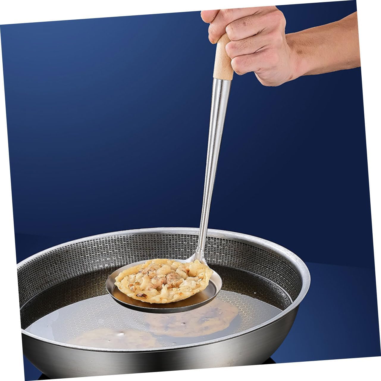 VICASKY Stainless Steel Deep Frying Spoon with Long Wood Handle Heat Resistant Kitchen Tool for Making Potato Pancakes and Snacks Non Stick Cooking Utensil for Home Frying