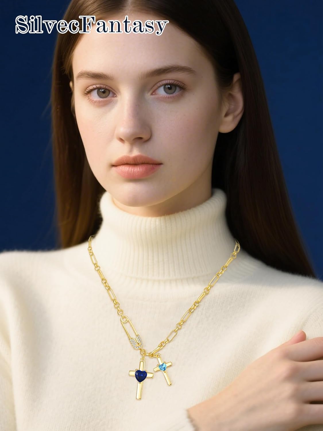 Gold Cross Necklace for Women 14K Double Cross Pendant Necklace Dainty Safety Pin 2 Birthstones Paper Clip Chain Faith Jewelry Trendy Religious Gifts for Women - Image 5