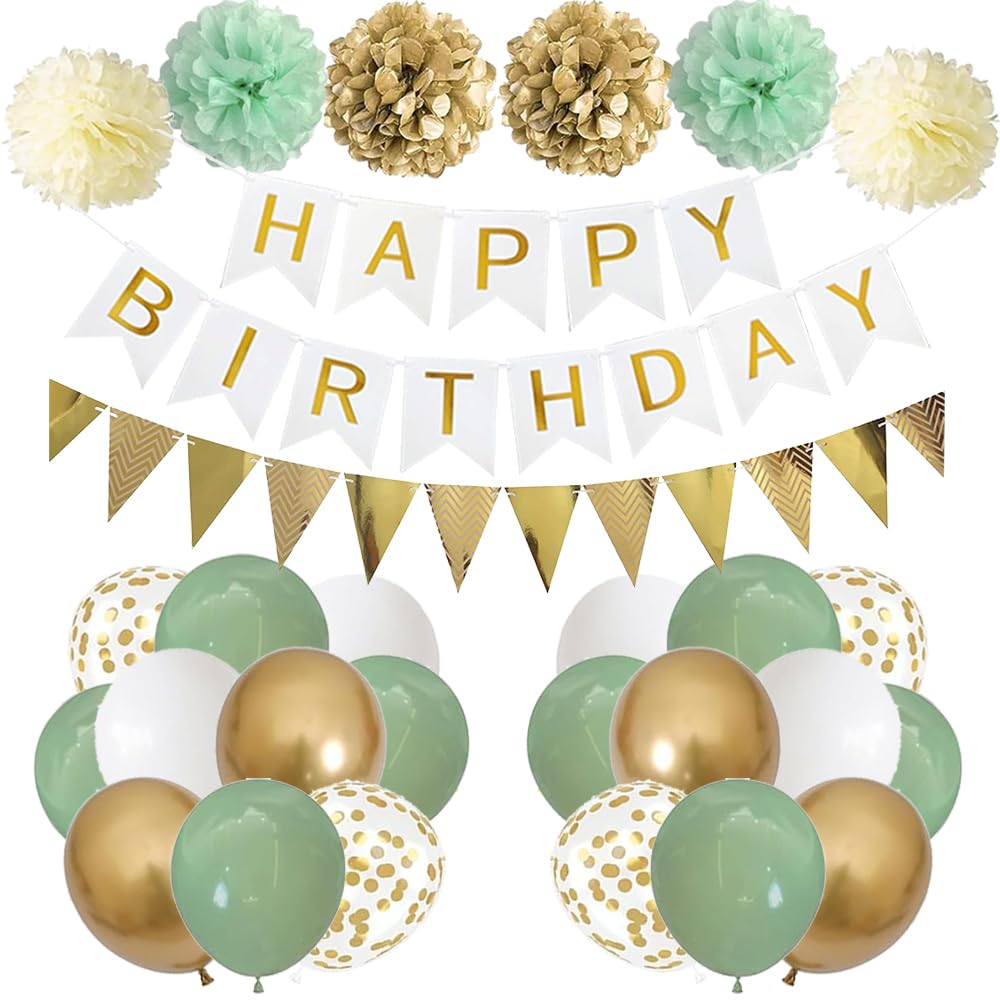 Geburtstag Dekoration Weiß Gold, Mann Frauen Geburtstagsdeko, Happy Birthday Banner, Grün Gold Luftballons DIY Party Papier Pompoms für Jungen Mädchen Geburtstag Deko Party Supplies