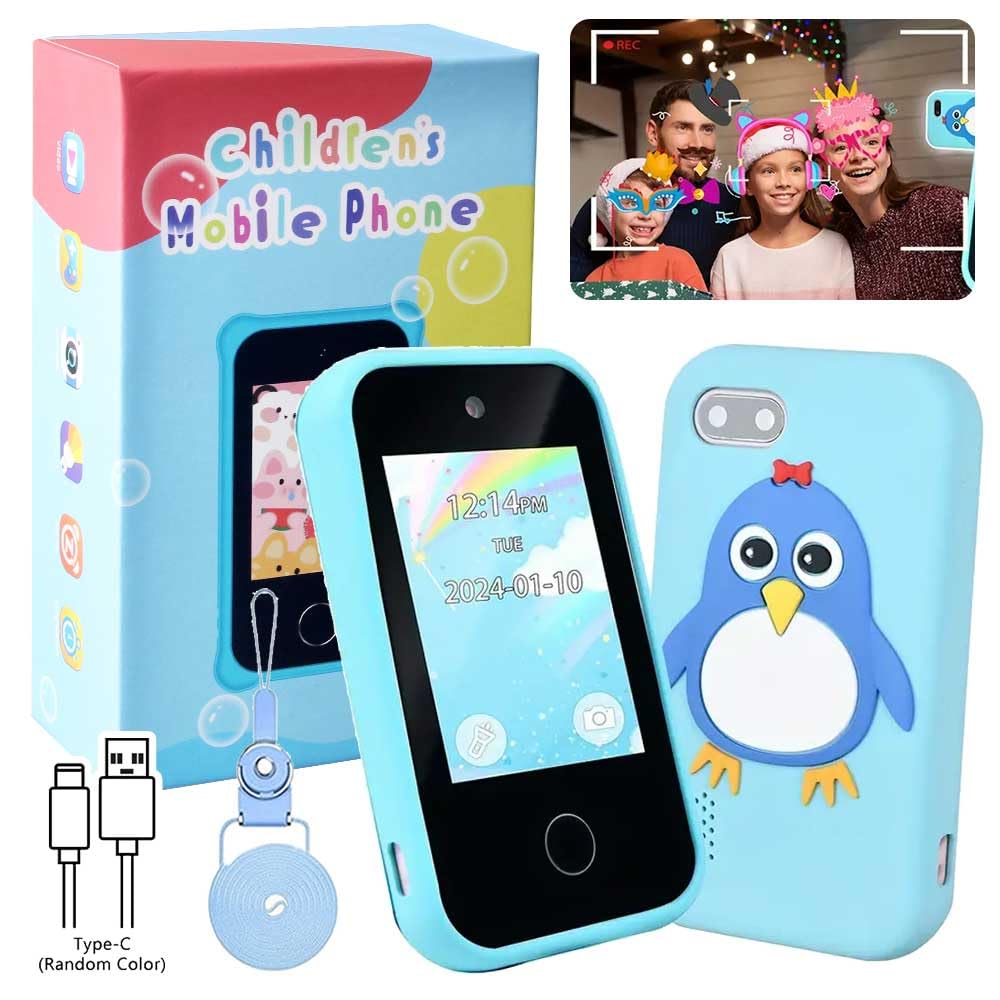 Brivulgent Penguin Design Smart Phone: HD Dual Camera Playset with32GB SD Card, Interactive Learning Companion for Little Explorers(Blue