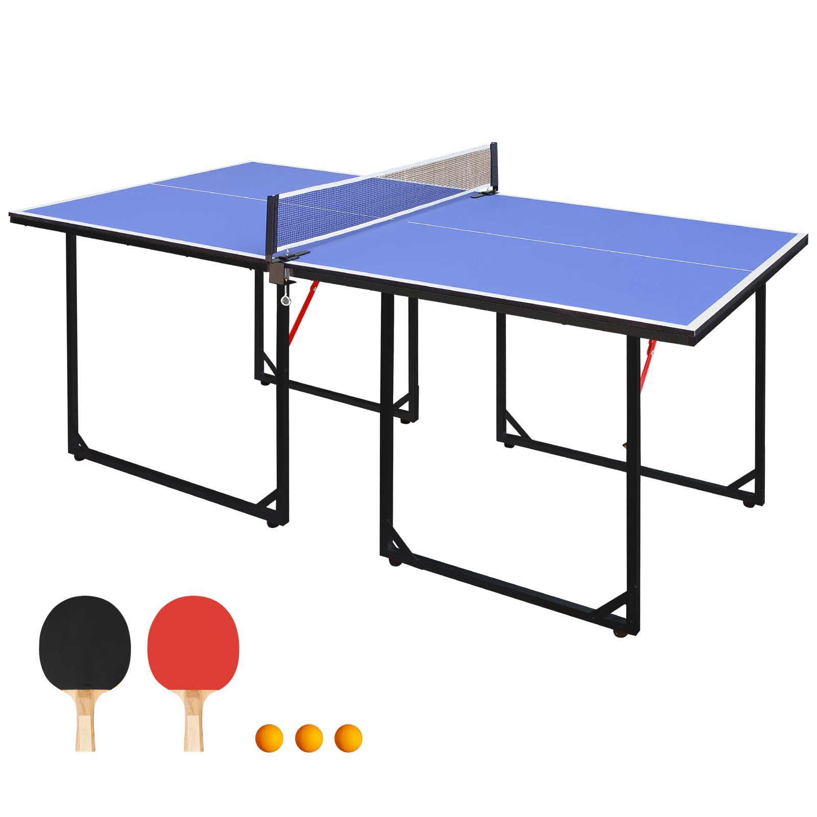 Ping Pong Table Foldable Table Tennis Table with Net, Table Tennis Paddles and Balls, 4.5FT/6FT/9FT MDF Multi-Use Family Game Table for Kid Teenager Adult, Compact &amp; Portable