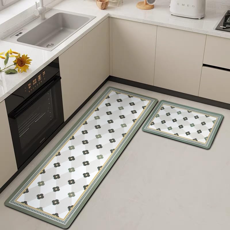 HomeCloud Rubber Kitchen Mats for Floor Set of 2 Pcs | Non-Skid, Soft Absorbent Rugs for Kitchen, Laundry, and Hallway | 120x40cm, 40x60cm| 4mm Thickness (Flower_Green)