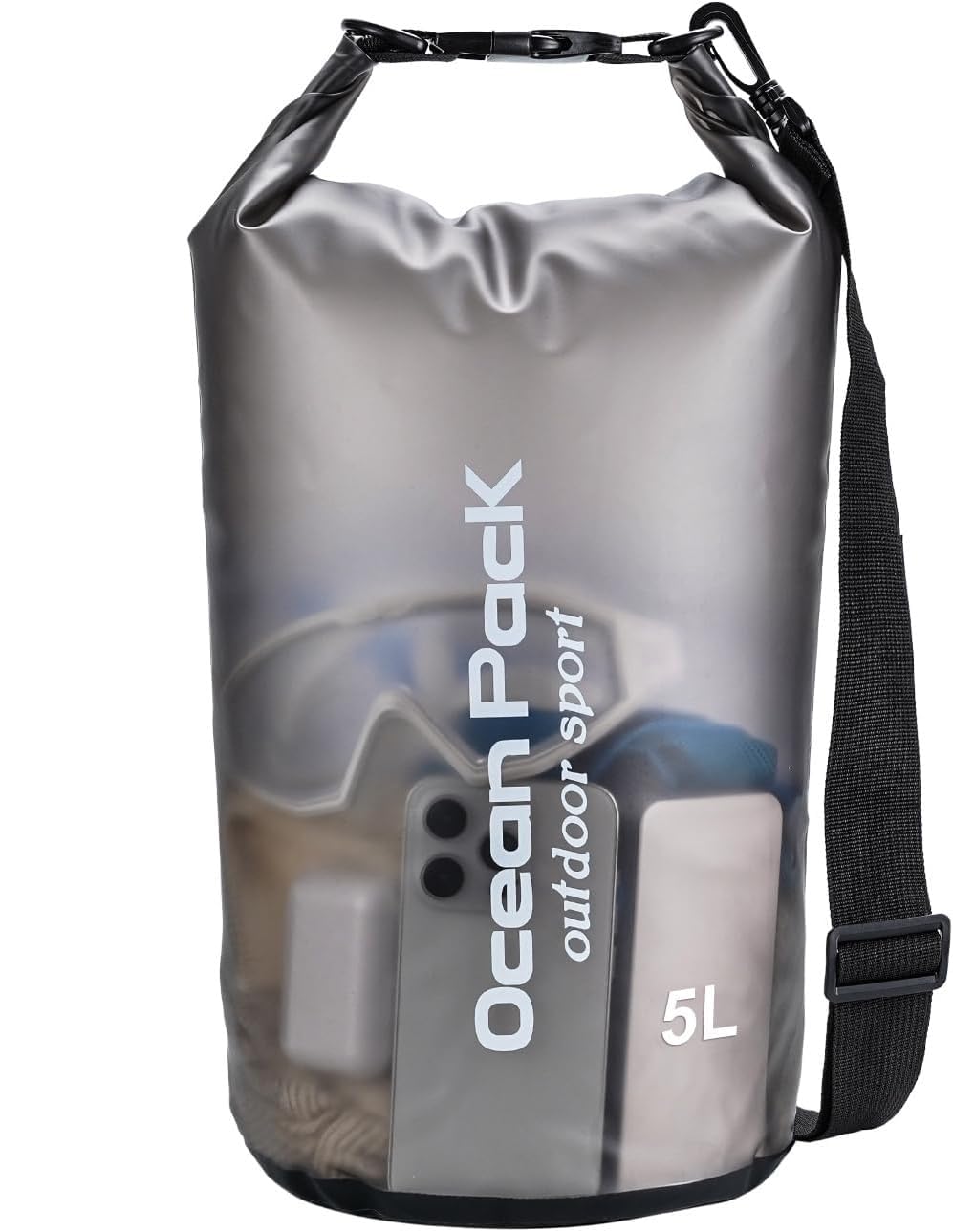 Drofail Clear Waterproof Dry Bag,Roll Top Floating Waterproof Dry Bags with Phone Dry Bag and Long Adjustable Shoulder Strap Included-Black (5 Liter)-image-42