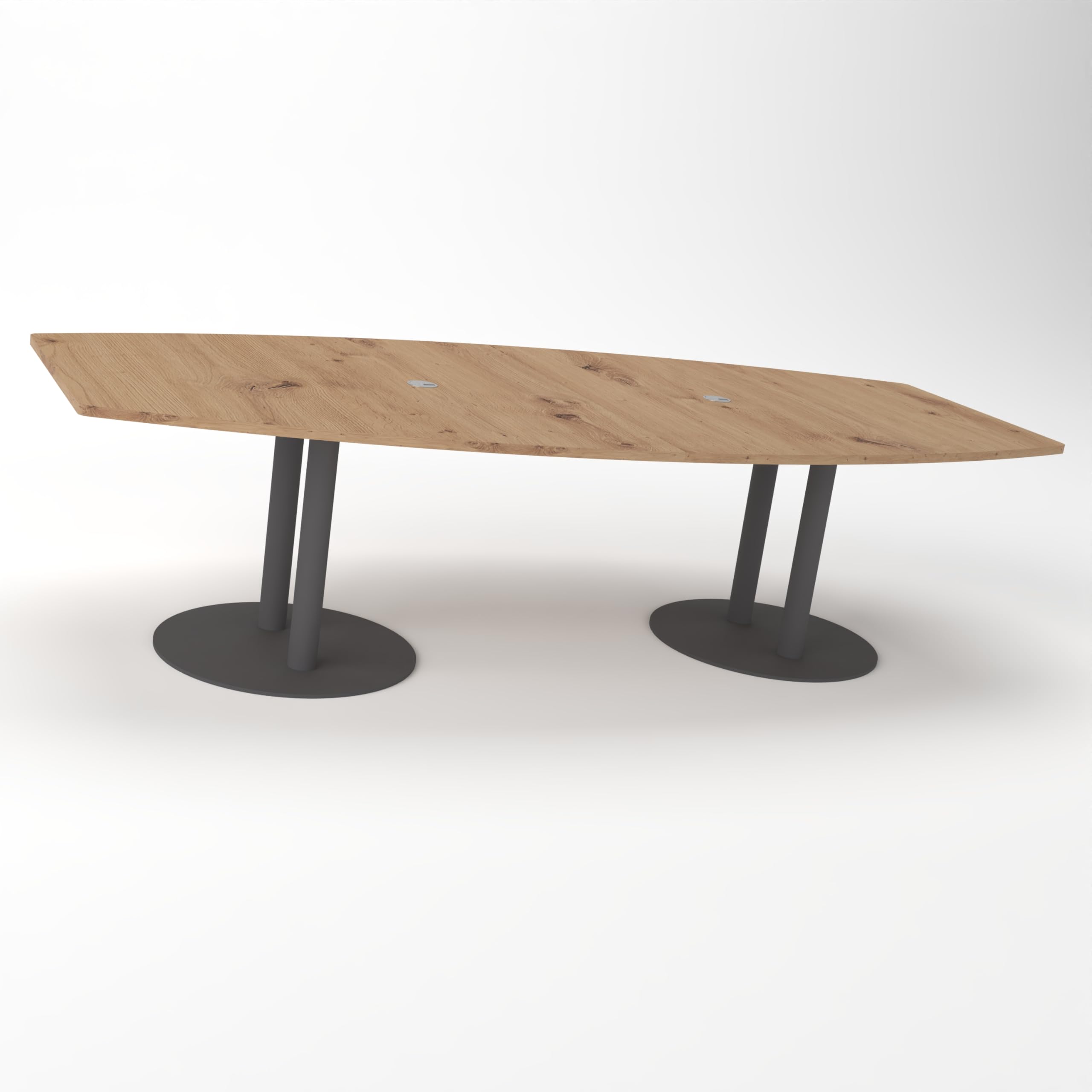Konferenztisch KONTI 280x130 cm – ovaler Besprechungstisch in Asteiche mit Säulenfüßen in Graphit & 2 Kabelauslässen, erweiterbarer Meetingtisch für 8–10 Personen, moderner XXL-Tisch fürs Büro