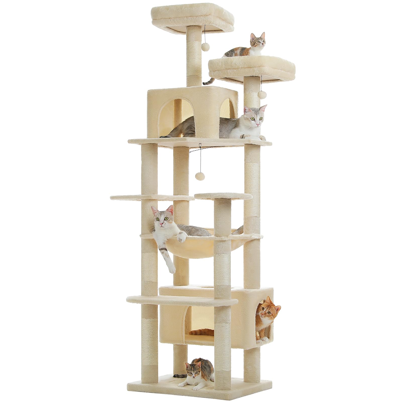 PAWZ Road Kratzbaum Grosse Katzen Stabil, 205 cm mit Hängematte, 7 Sisalpfosten, Großer Sitzstange, Höhle, Körben, für Indoor-Katzen, Beige