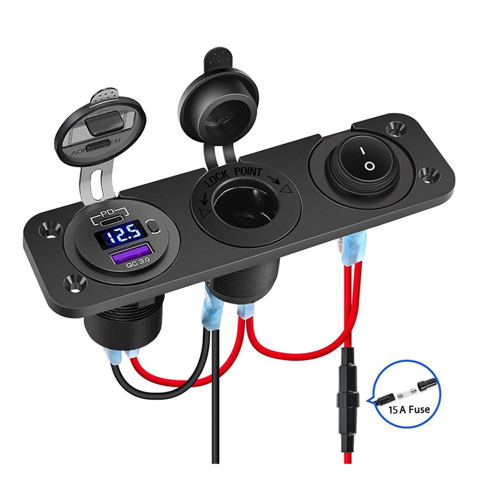 MORREZ Gniazdo zapalniczki 12 V rozdzielacz z przełącznikiem kołyskowym PD i QC3.0 gniazdo USB C z woltomierzem LED wodoodporne do łodzi samochodowej (kolor: zielony zestaw)