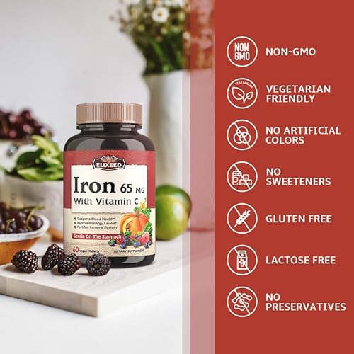 Elixeed Iron Tablets For Women & Men, 65 Mg Of Elemental Iron With Vc, Gentle & Well-Absorbed, Blood Health, Energy Support, Vegan-Friendly, 60 Tablets, Non-Gmo, No Gluten #TOP5