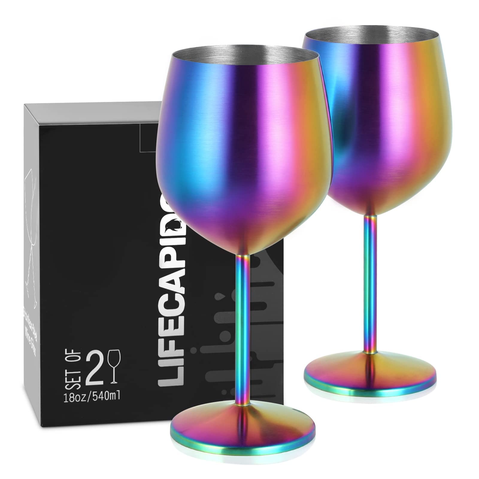 LifecapidoStainless Steel Wine Glasses Set of 2, 18oz Colorful Stainless Steel Wine Goblets, Stemmed Metal Wine Glasses with Cup Brush for Party Office Wedding Anniversary, Great for Red White Wine