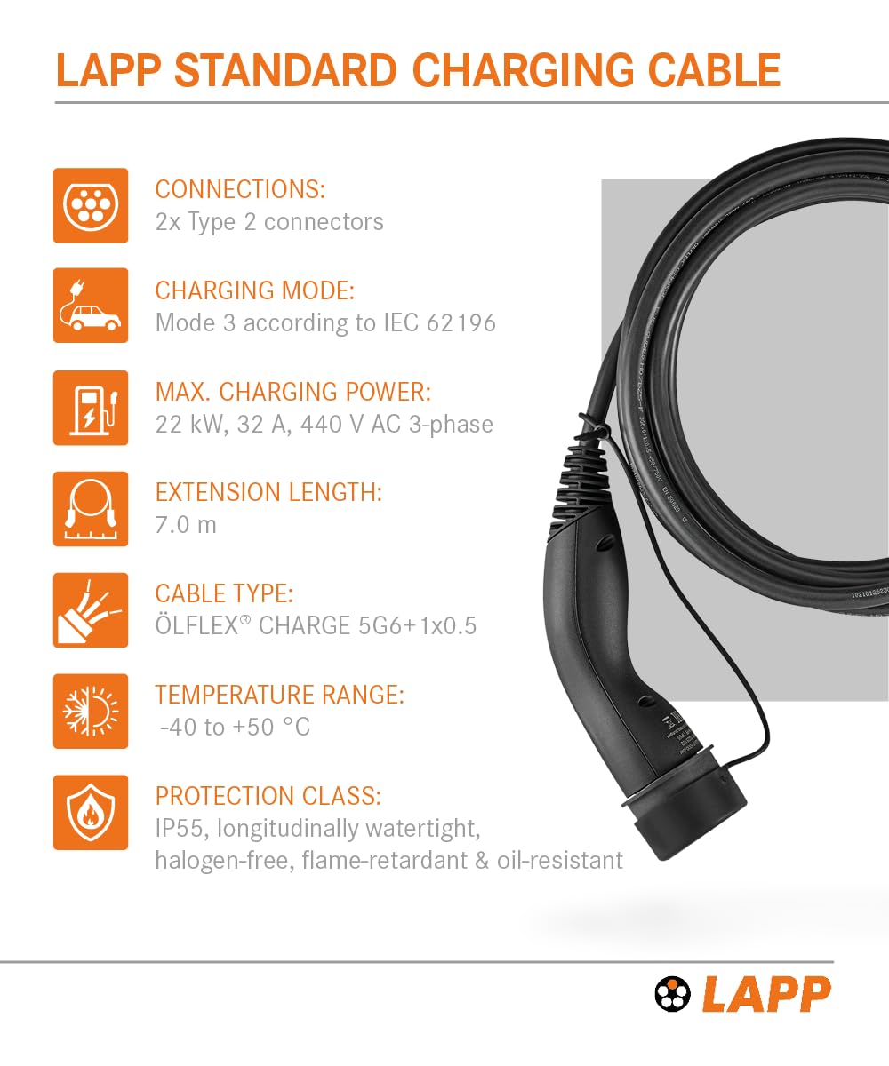 Lapp Mobility Kabel do ładowania typu 2, tryb 3, 32 A, 3-fazowy, do 22 kW, 7 m, czarny - 61784