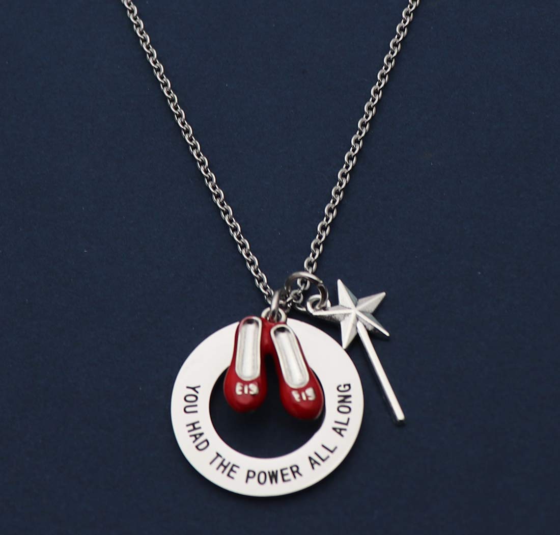 Beeshion Wizard of Oz Necklace Stainless Steel Charm with Ruby Red Slippers Pendant Necklace Inspirational Gift for Her