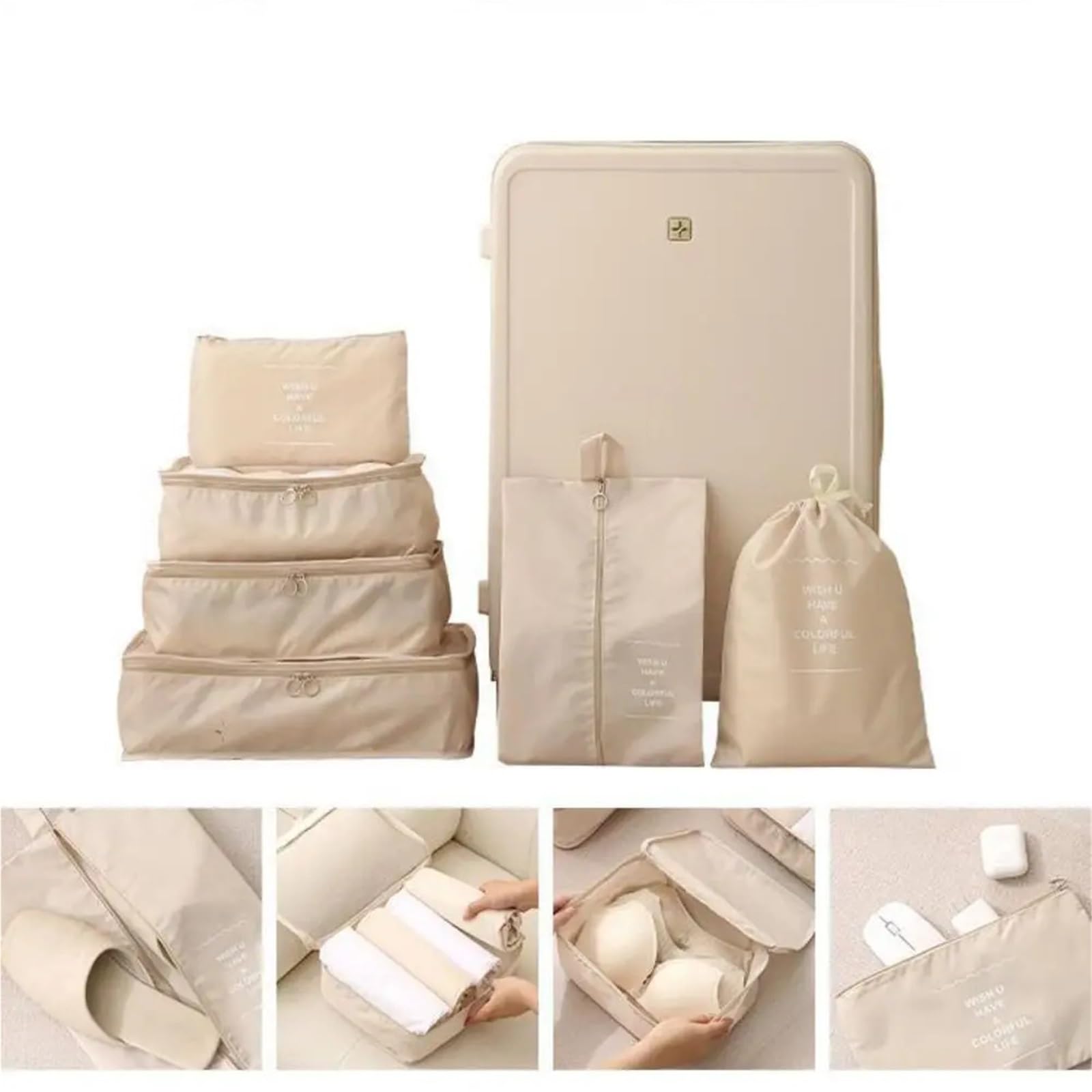 Set di 7 contenitori portaoggetti da viaggio essenziali for articoli da toeletta e trucco, valigia, abbigliamento, scarpe e biancheria intima. Per Risparmiare Spazio Nella Valigia(Pink)