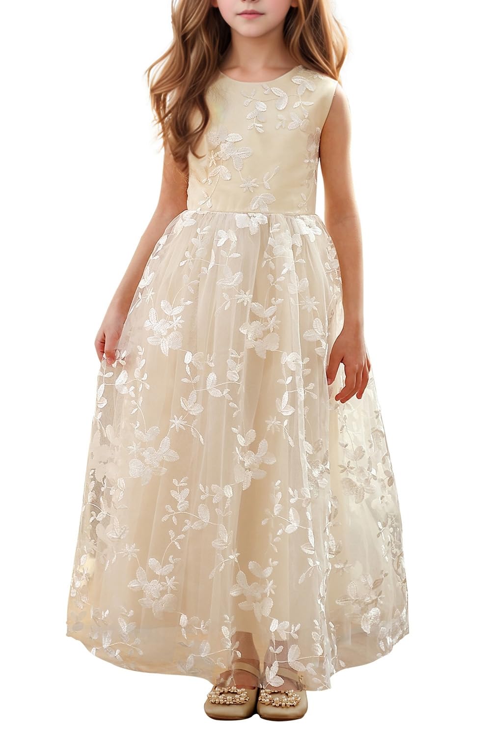 Aibaowedding Chic Lange Kinder Kommunionkleid Sommerkleider aus Besticktem Tüll mit Satin Gürtel/Boho A-Linie Brautjungfern Kleider Blumenmädchenkleider für Mädchen 2-12 Jahr