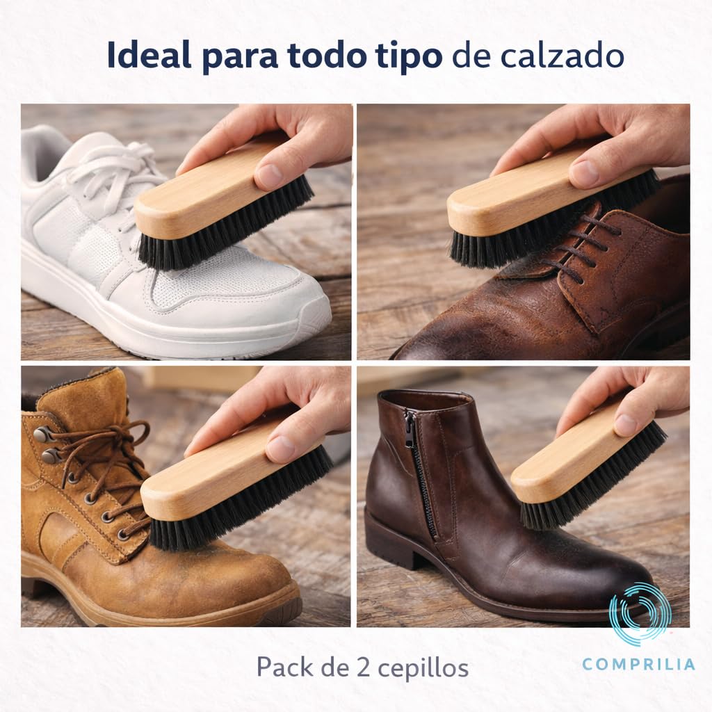 Cepillo para Zapatos de Madera Natural Pack 2 Unidades, Cepillo Limpiador para Calzado y Botas, Cerdas Firmes para Quitar Polvo y Suciedad, Cepillo Limpieza Zapatos Cuero y Ante.