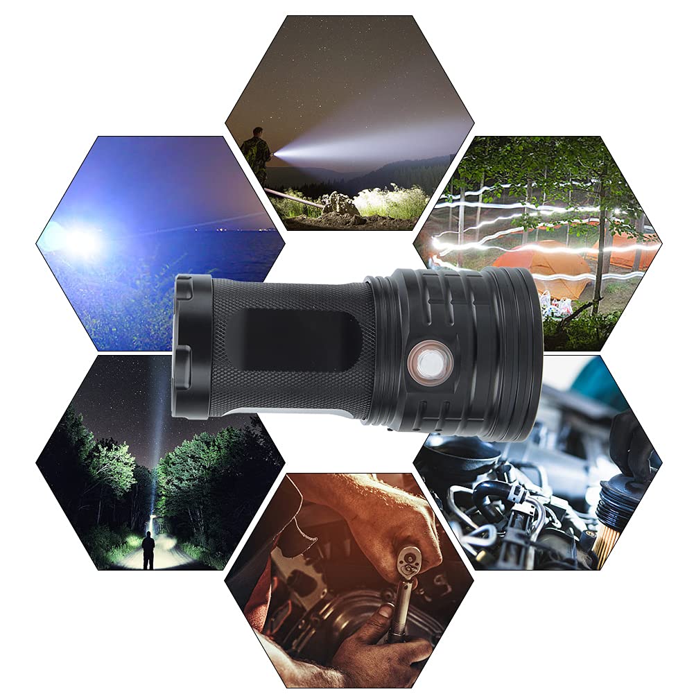 XM3-90 - Torcia LED da 32000 lm, ricarica USB, impermeabile, per campeggio all'aperto, in alluminio, nero, 128 mm