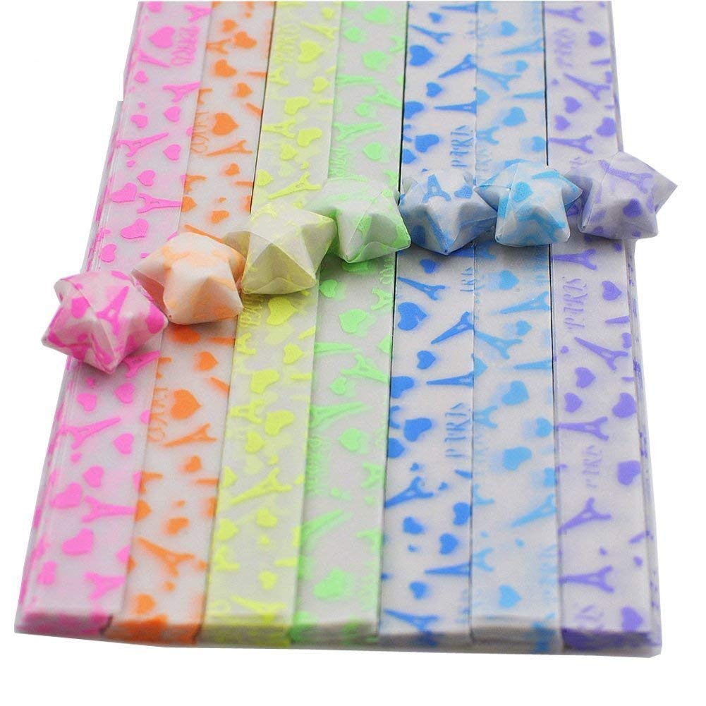 ODETOJOY Glow in The Dark Lucky Star Origami Paper Folding Strips Luminous Eiffel Tower Heart Design- 7 Colors,210 Sheets