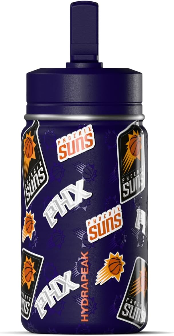 Hydrapeak x NBA Officially Licensed Phoenix Suns 14oz Mini Kids Water Bottle with Straw Lid and Handle Reusable Stainless Steel Double Wall Insulated Spill Proof Sports Gift for Boys Girls