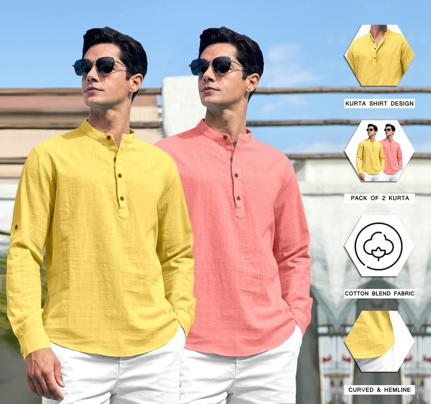 Image of ROYALSCOUT Combo of Men's Solid Cotton Blend Full Sleeve Straight Kurta Shirt (Pack of 2)