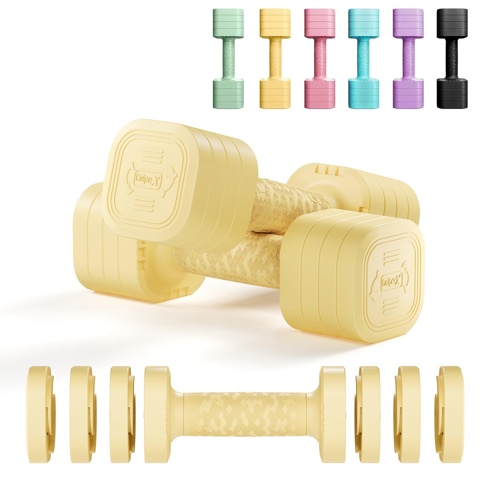 Dripex Adjustable Dumbbells Weight Set 2.5kg 5kg 10kg Dumbbell Pair, 4-in-1 Weight Dumbbells Set Women Men with Non-Slip Handle Home Gym Fitness-Yellow/2.5kgX2
