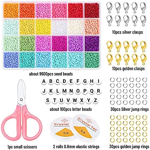 selizo 9600pcs 3mm Glass Seed Beads for Jewelry Making Kit with 100pcs Alphabet Letter Beads , Small Bracelets Beads with Elastic String Cords for Bracelets Jewelry Making and DIY Crafts