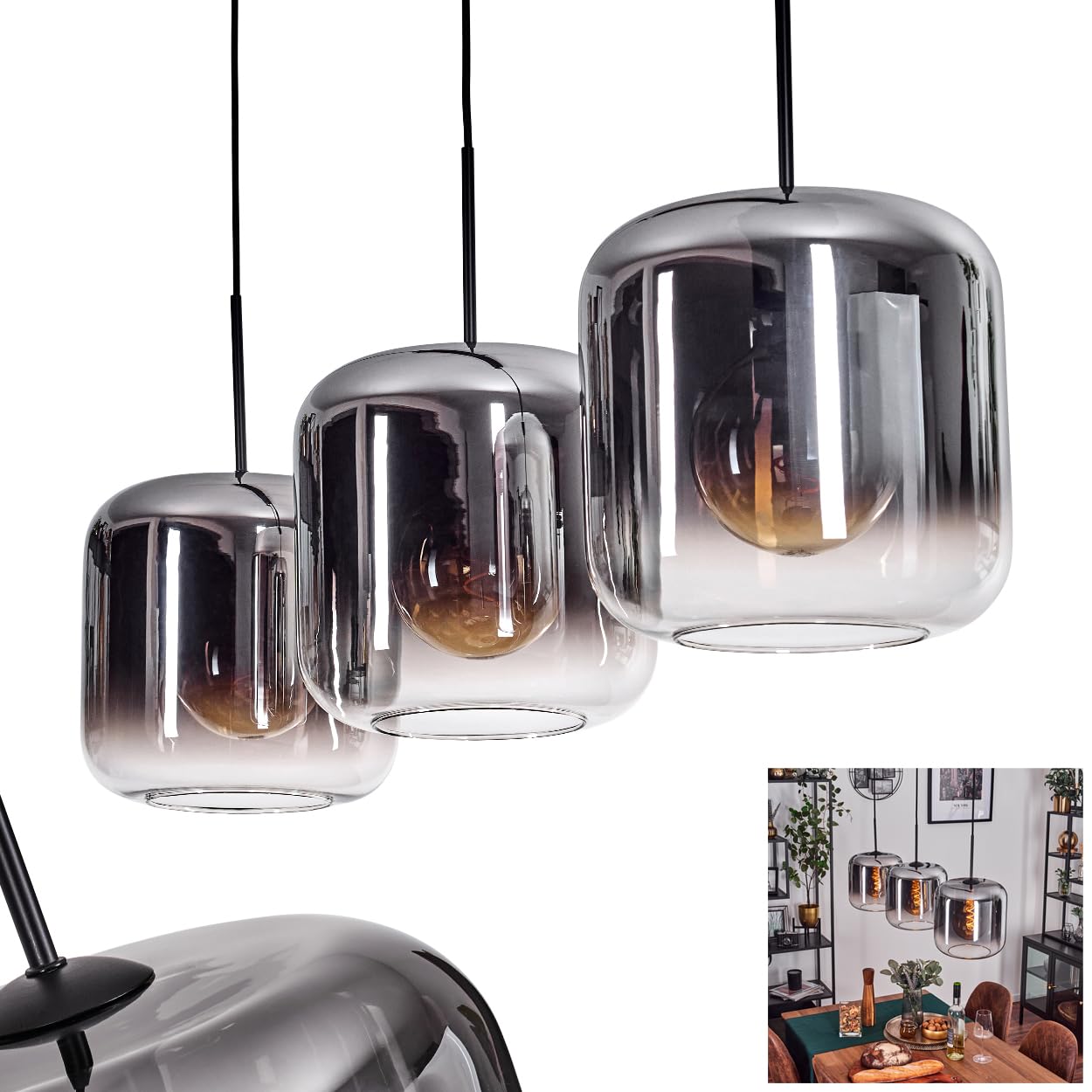 Hofstein Light/Black/Amber Lauden Pendant Hanging Lamp Made Of Metal/Glass In /Chrome/ Colours, Luminaire In Modern Retro/Vintage Design With Glass Shades (Ø 25 Cm), Height Max. 152 Cm, 3X E27, Without Bulbs