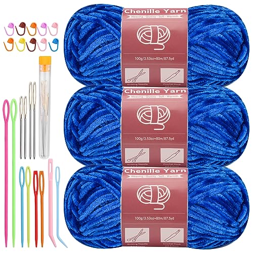 Image of LUNARM Chenille Yarn 3 Pack 3.5oz Chunky Blanket Velvet Yarn 263 Yard | Royal Blue Chunky Chenille Yarn for Beginners Crocheting Hand Knitting Scarves with Big Eye Needles Machine Washable