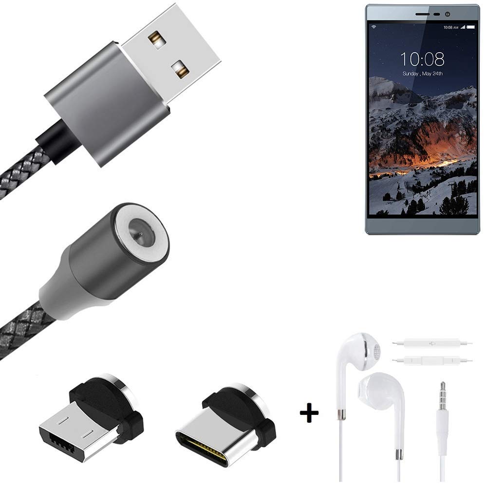 K-S-Trade Magnetic Charging Cable Sync Cable Data Cable + Earphones Compatible With Switel ESmart M3 With USB Type C Connector And Micro USB Connector 2A Up To 480mbps