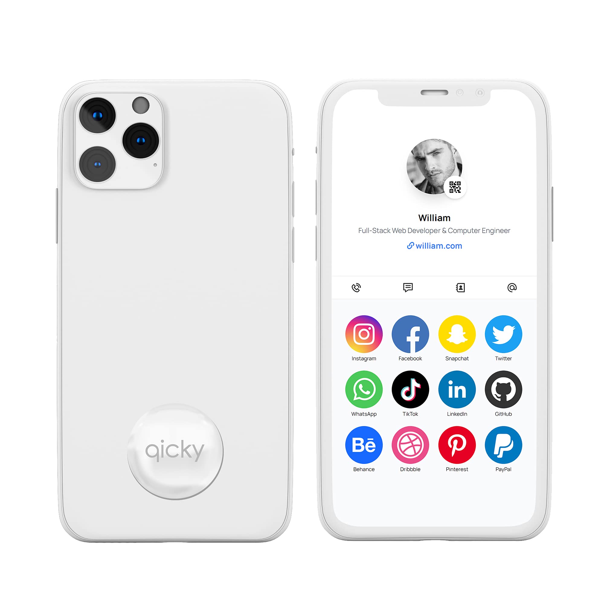 Qicky Tap Digital Business Card and Phone Accessory That Instantly Shares Social Media, Contact Info, Music, Payment Platforms (White)