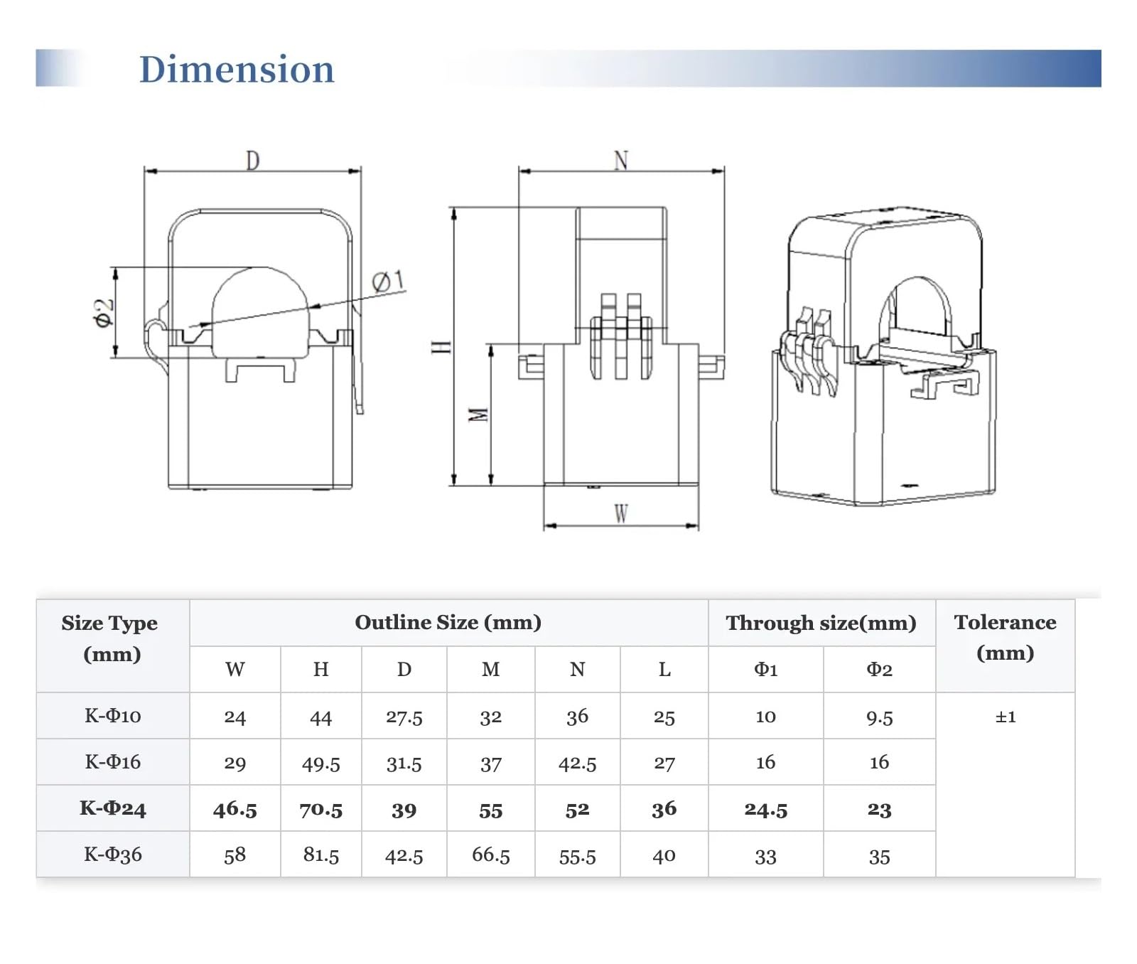 Trasformatore di corrente a nucleo diviso 120 A/40 mA K-24