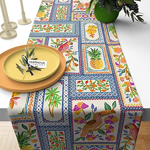 Persian Ceramic Tiles And Birds Print Table Runner - Parrot And Toucan Birds, Pineapples, Stain Resistant Home And Bistro Decor Table Linens (16 X 138) #TOP29