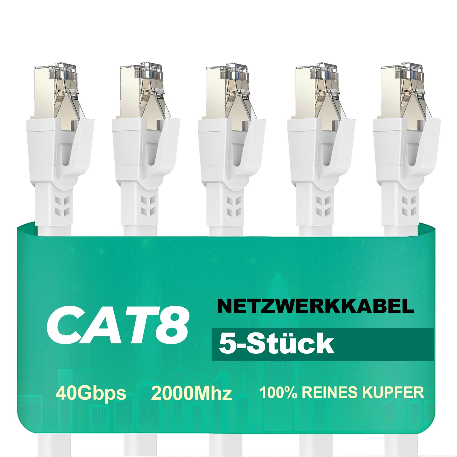 Câble Ethernet Cat 8 0,5m 5 Pièces 40Gbps 2000MHz Plat STP RJ45 LAN