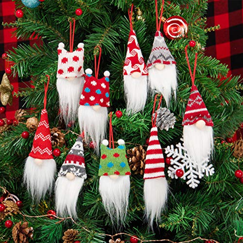 Set of 9 Christmas Tree Hanging Gnomes- Handmade Swedish Tomte Scandinavian Santa Elf Plush Xmas Tree Hanger Christmas Ornament Figurines for Home Holiday Party Decoration
