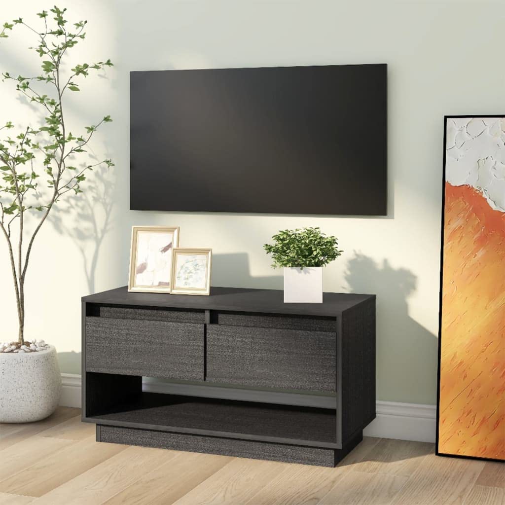 TV-Schrank Grau aus Massivholz Kiefer 74x34x40 cm mit 2 Schubladen, Modernes Media Center für Wohnzimmer, Schlafzimmer und Flur, Robuste TV-Konsole