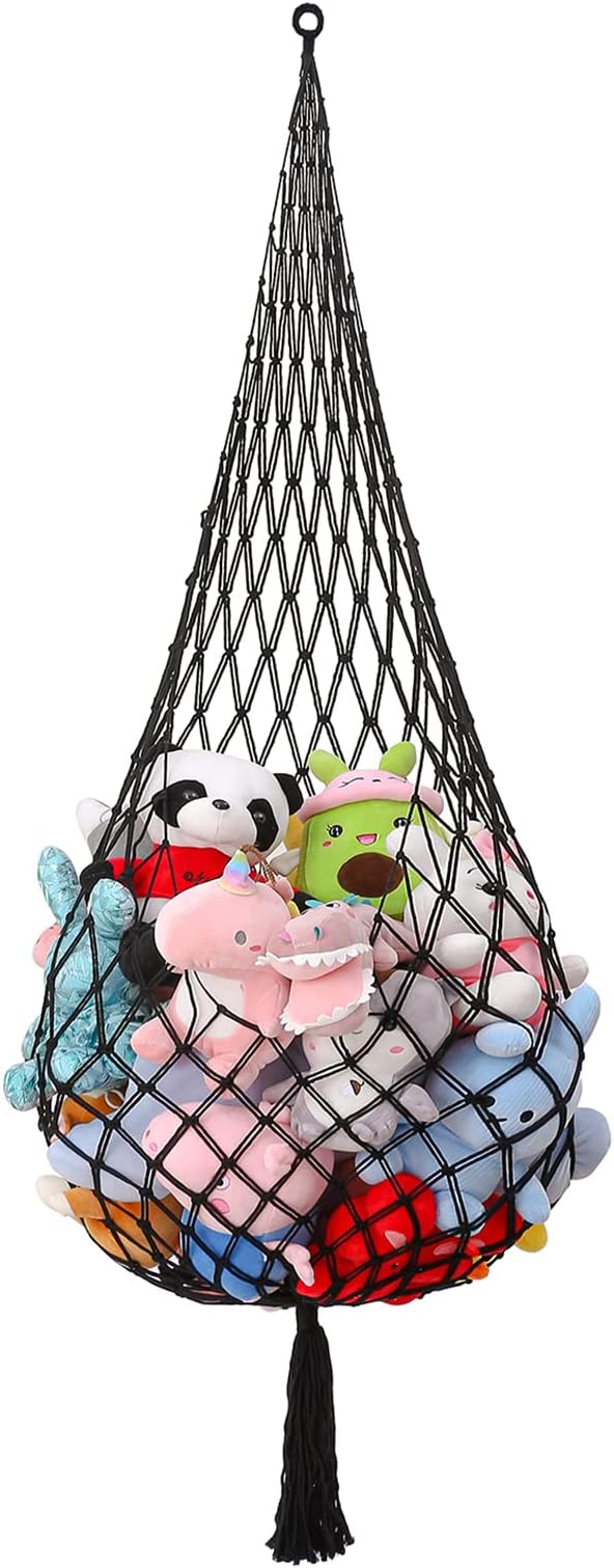 Stuffed Animal Net or Hammock, Hanging Corner Net for Stuffed Animals Storage, Stuffed Animal Hammock Holder with Hooks for Hanging, Toy Organizer for Bedroom Playroom Kids Room Decor(Black)