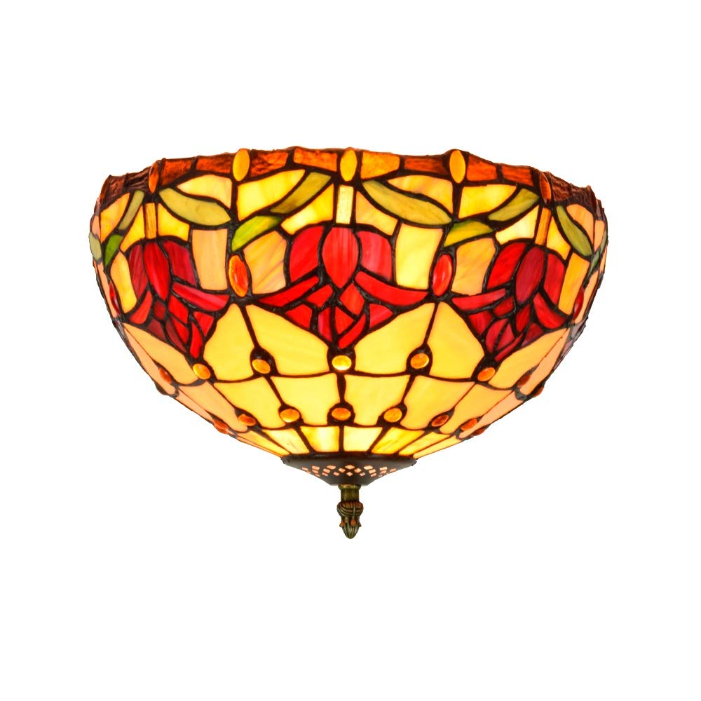 HJRegaFimu 12 Inches Flush Mount Ceiling Light Large Stained Glass Uplighter Lamp Red Tulips Vintage Style Deco Chandelier For Living Dining Room Bedroom Corridor