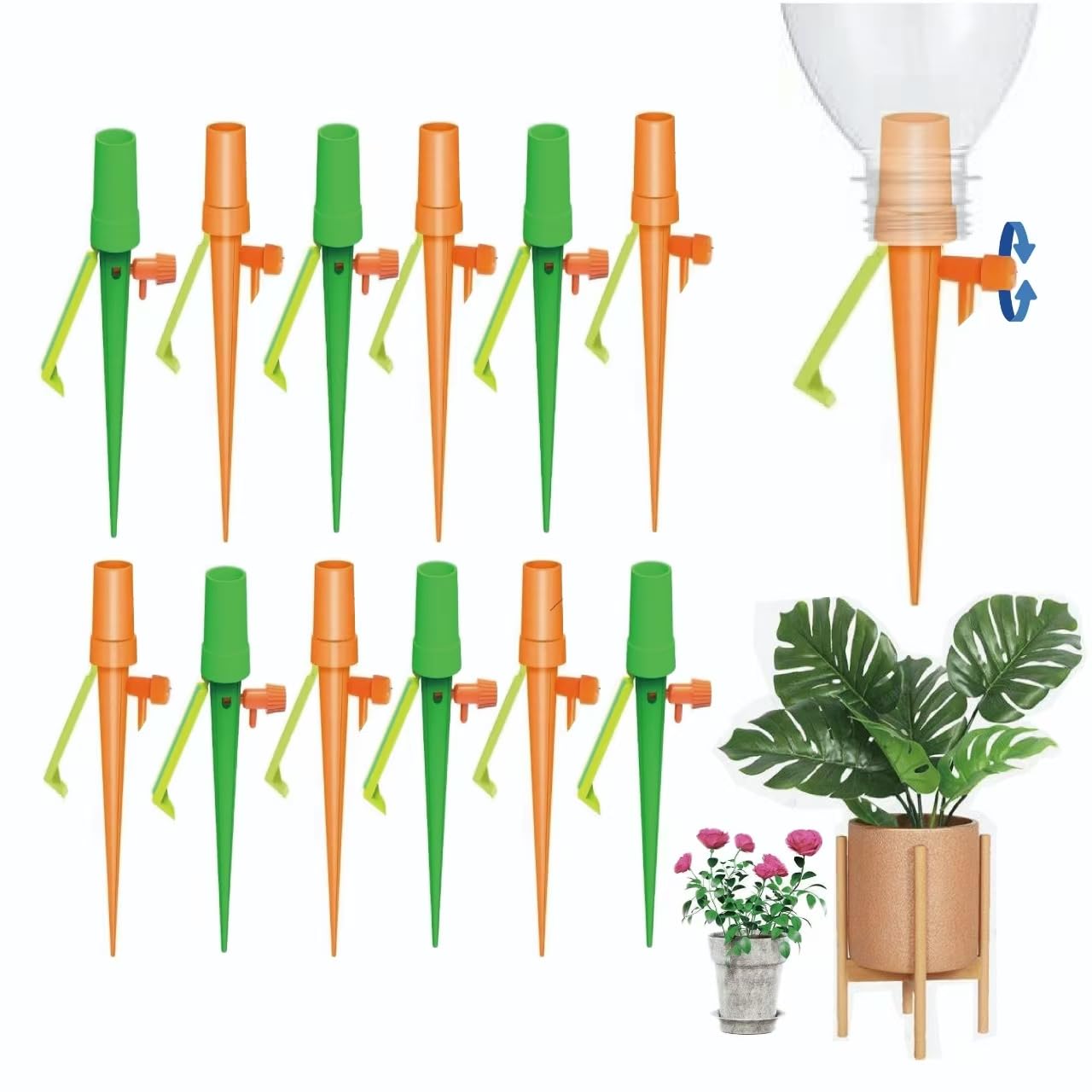 JEHWAEEN12 Pcs Plant Self Automatic Adjustable Plant Self Watering Spikes Devices Slow Watering for Plant Plants Waterer Devices Vacation Plant Watering System (12,Green+Orange)